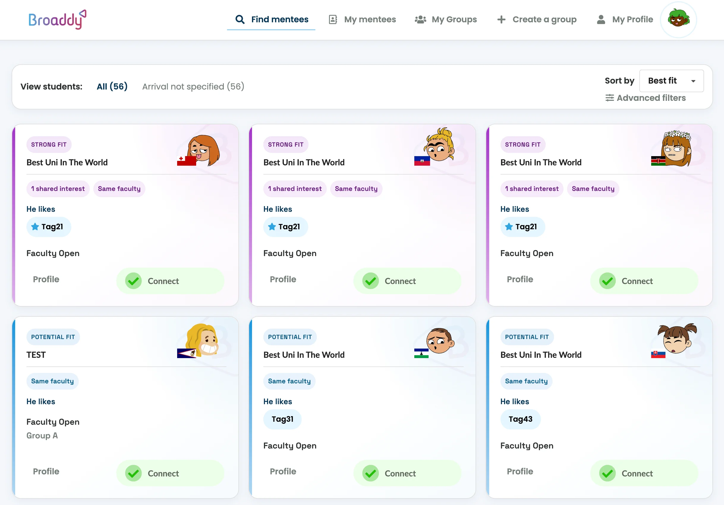 Broaddy mentor dashboard showing incoming students ranked by fit, with shared interests, faculty and Connect buttons